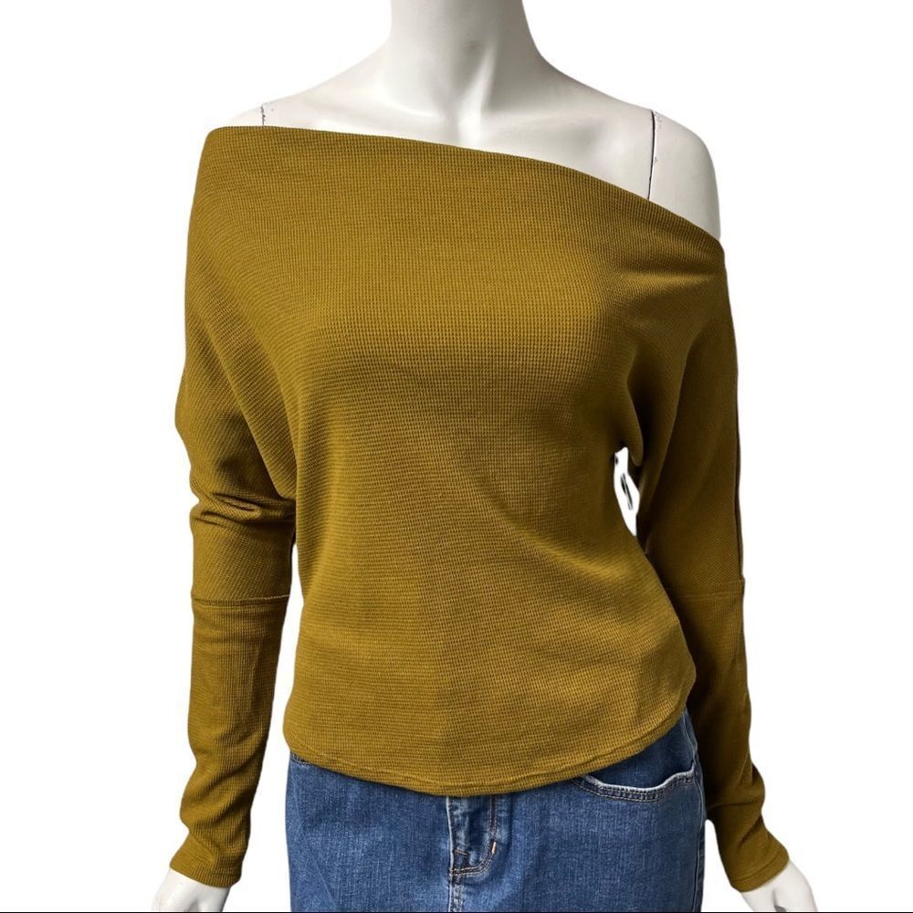 House of Harlow Mustard Off Shoulder Waffle Long Sleeve Shirt